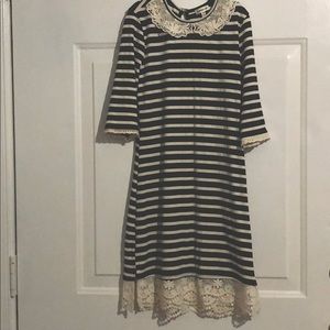 Striped Black & Ivory Dress w/Cotton Lace Details